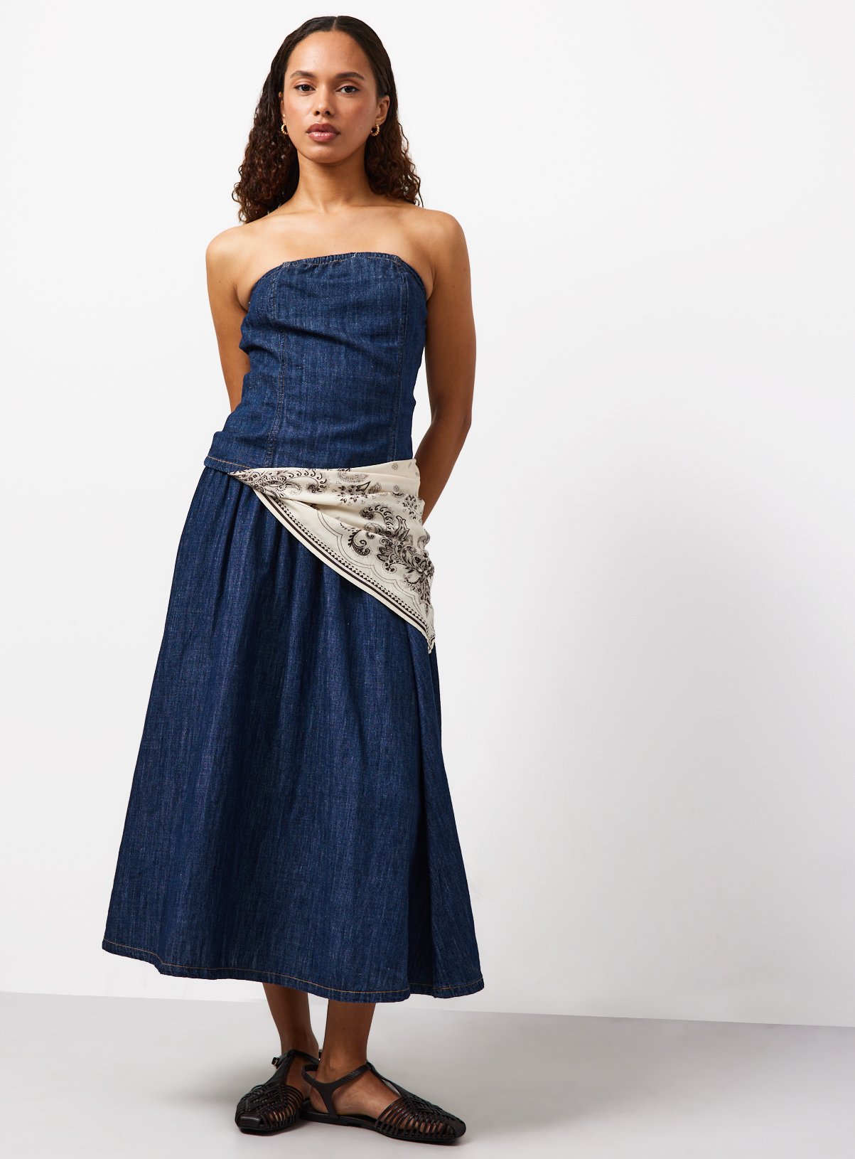 Dark Denim Linen Blend Shirred Full Skirt 8 - Image 3 thumbnail